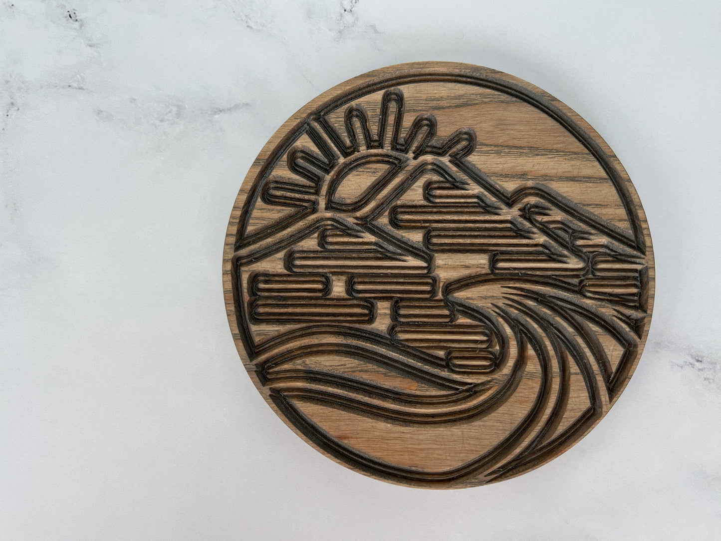 Round Trivet with Mountains & Ocean Waves, Serving Tray, Wood Trivet for Dining Table, Dining Accessories, Wood Gifts, Hot Tray, Pot Holder