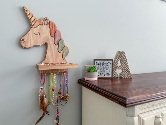 Unicorn Jewelry Holder – Unicorn Necklace Holder with Gold Hooks – Unicorn Wall Art – Jewelry Organizer – Unicorn Wall Decor – Unicorn Shelf