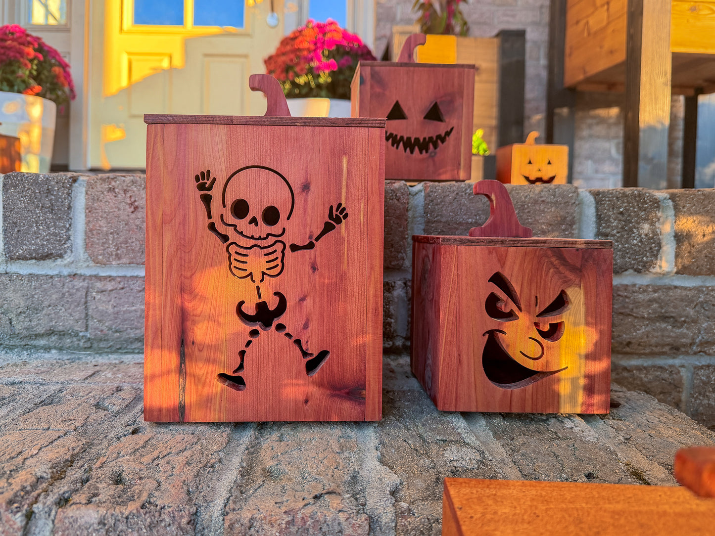 Mahogany and Cedar Jack-O-Lantern Boxes – Premium Indoor and Outdoor Halloween Decorations