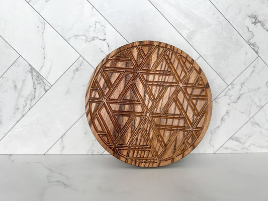Round Trivet with Geometric Pattern, Serving Tray, Wood Trivet for Dining Table, Dining Accessories, Wood Gifts, Hot Tray, Pot Holder