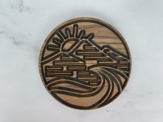 Round Trivet with Mountains & Ocean Waves, Serving Tray, Wood Trivet for Dining Table, Dining Accessories, Wood Gifts, Hot Tray, Pot Holder