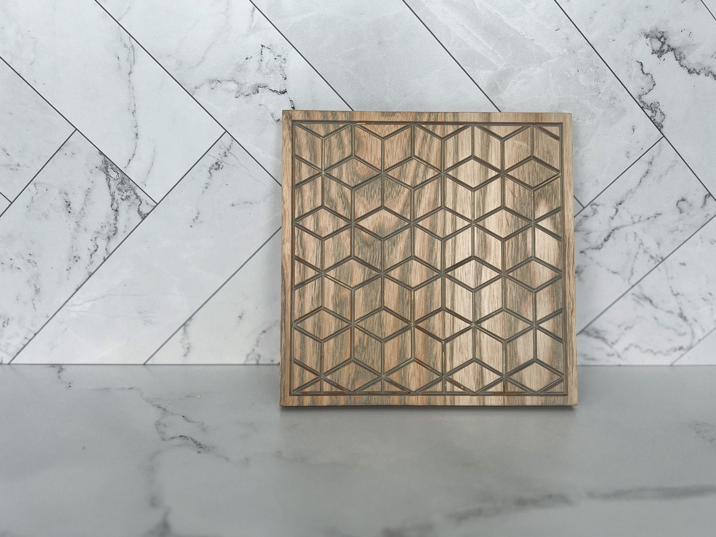Square Trivet with Geometric Pattern, Serving Tray, Wood Trivet for Dining Table, Dining Accessories, Wood Gifts, Hot Tray, Pot Holder