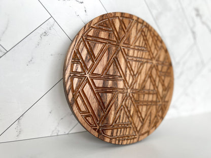 Round Trivet with Geometric Pattern, Serving Tray, Wood Trivet for Dining Table, Dining Accessories, Wood Gifts, Hot Tray, Pot Holder