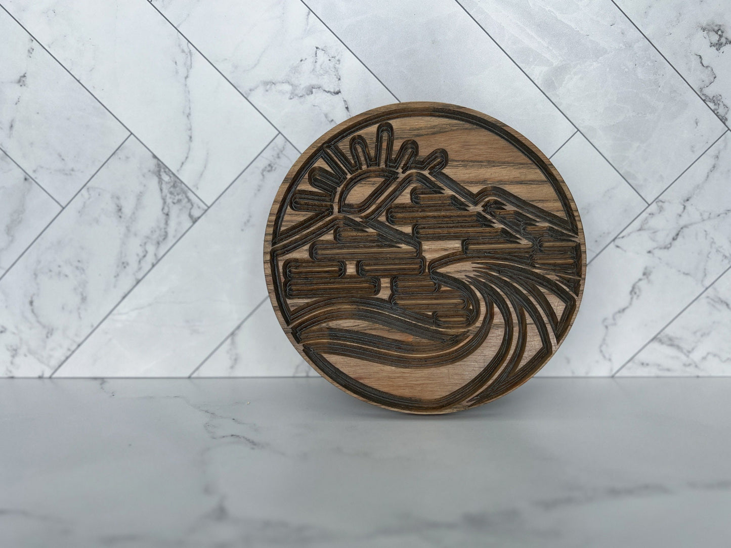 Round Trivet with Mountains & Ocean Waves, Serving Tray, Wood Trivet for Dining Table, Dining Accessories, Wood Gifts, Hot Tray, Pot Holder