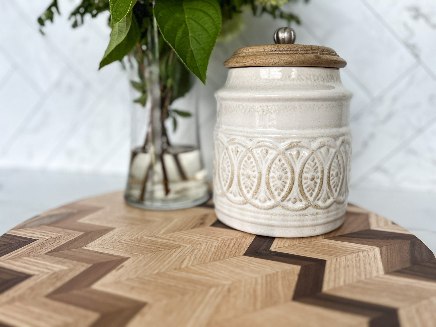 Chevron Wood Table Centerpiece – Serve Stand – Plant Stand – Kitchen Table Decor – Wood Riser – Chevron Wood Tray – Decorative Wood Platter