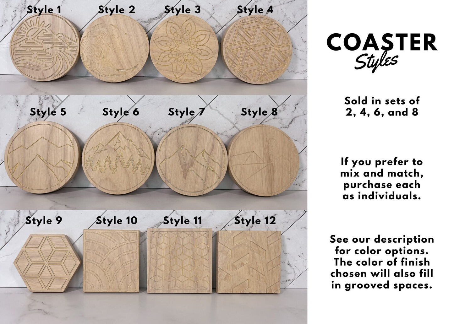 Carved Wood Coasters – Many Color Options – Mountain Coaster – Geometric Coaster – Ocean Coaster – Coaster Sets – Coaster Designs