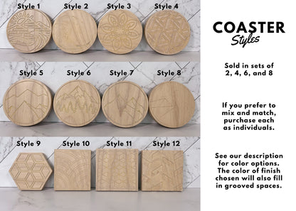 Carved Wood Coasters – Many Color Options – Mountain Coaster – Geometric Coaster – Ocean Coaster – Coaster Sets – Coaster Designs